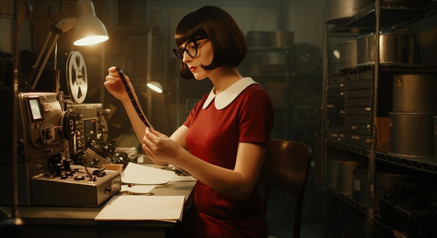 1960s Film Editor Examines 35mm Film with Intense Focus