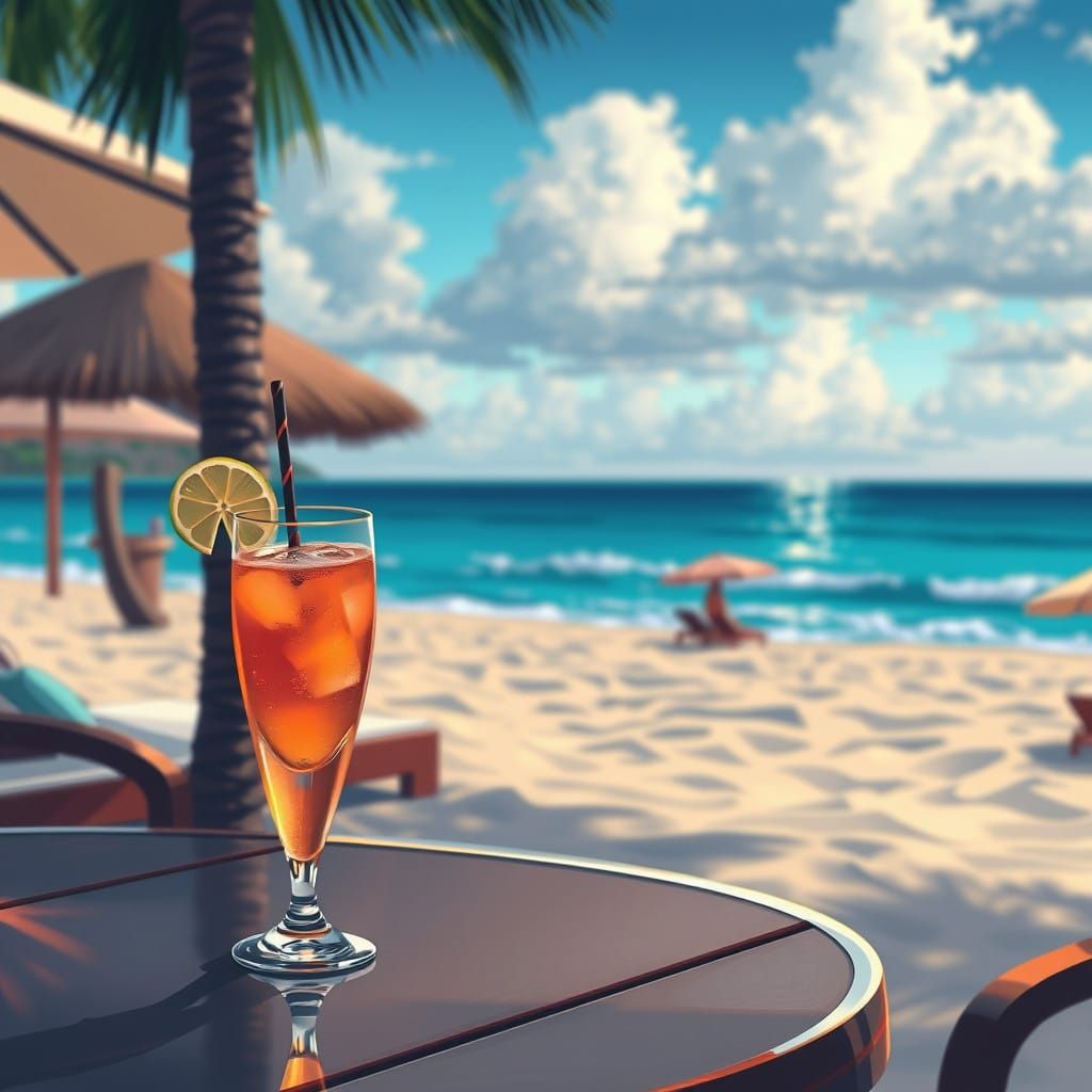 Cocktail at Sunset Beach in Anime Style