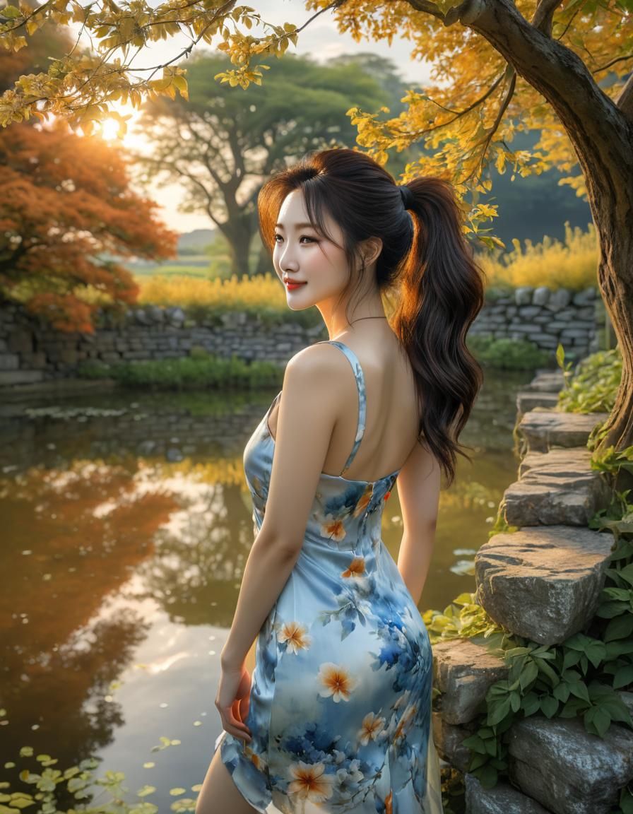 Watercolor of Korean Woman at Sunrise