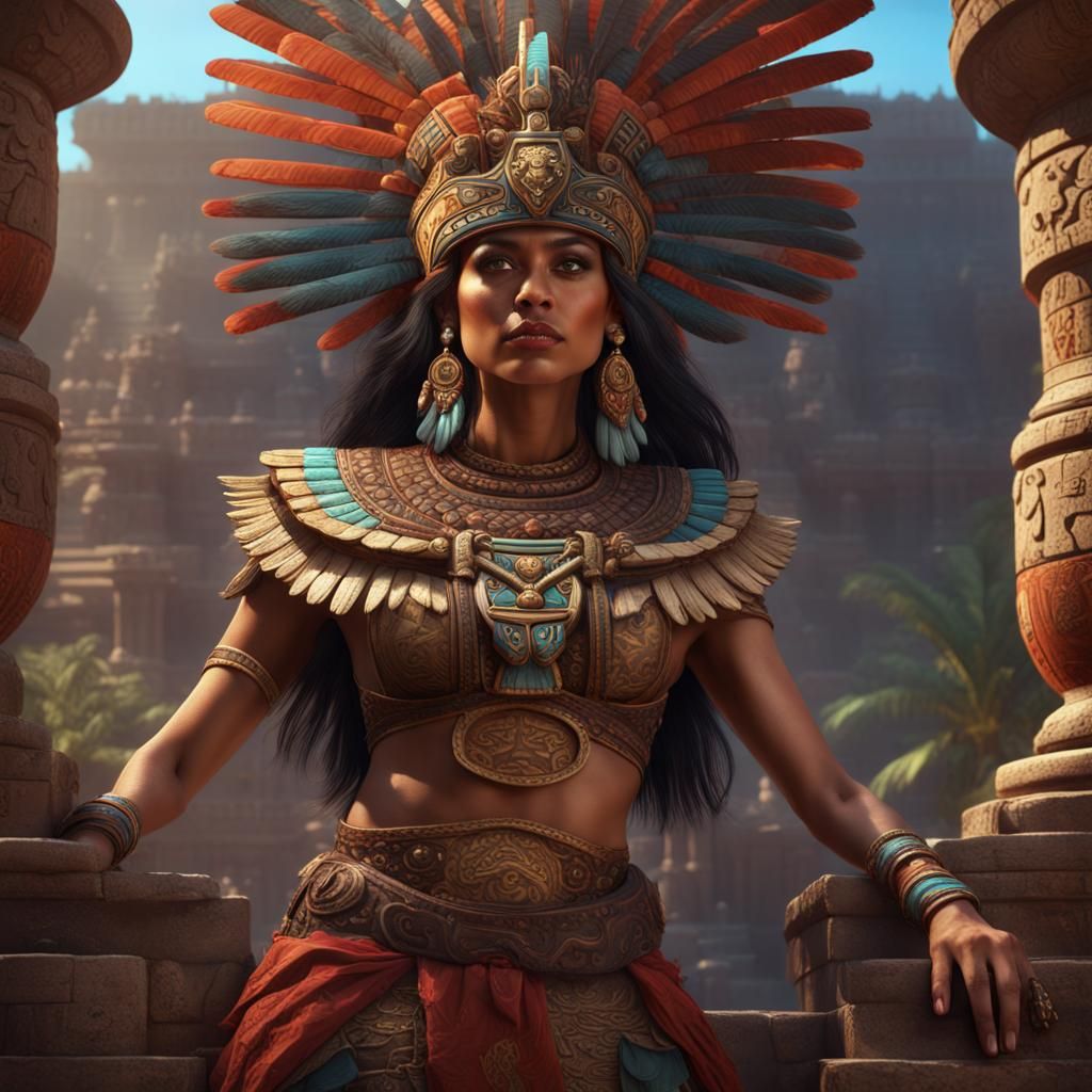 Aztec Princess Leads Empire: Detailed Matte Painting