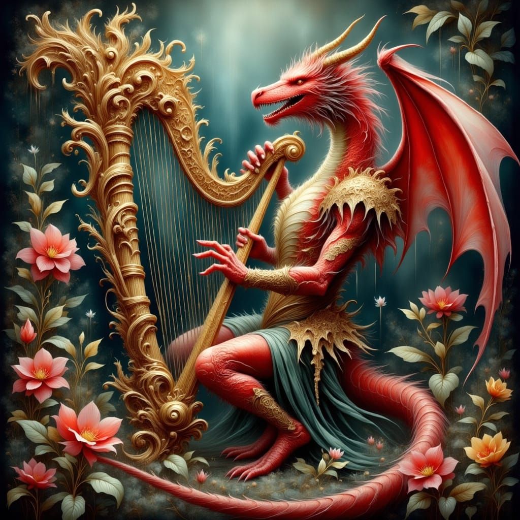 Celtic Dragon Plays Majestic Irish Harp in Whimsical Fantasy...