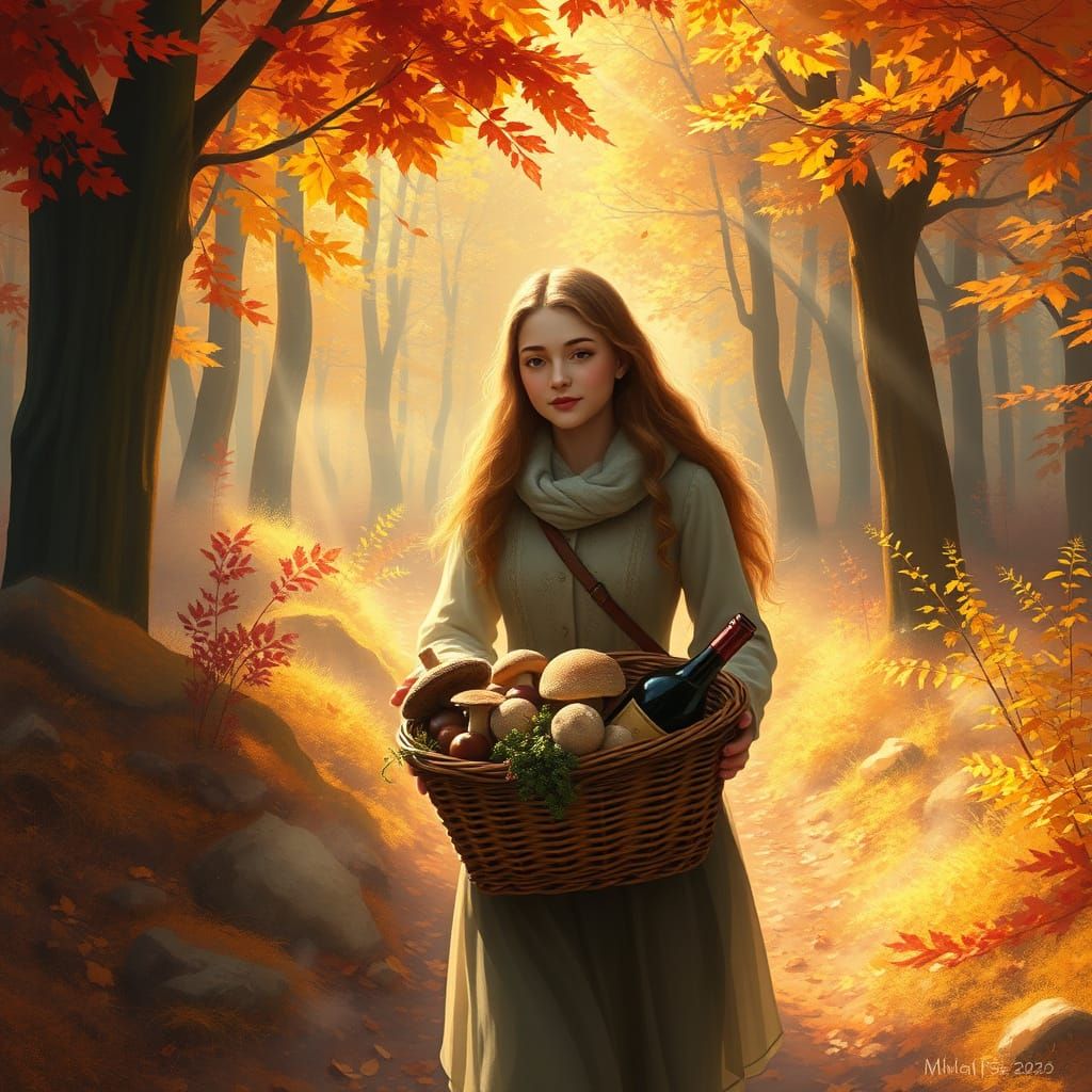 Woman in Autumn Forest with Golden Light