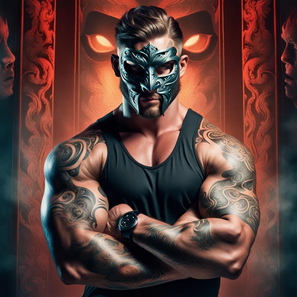Intimidating Masked Wrestler in Photoillustration Style