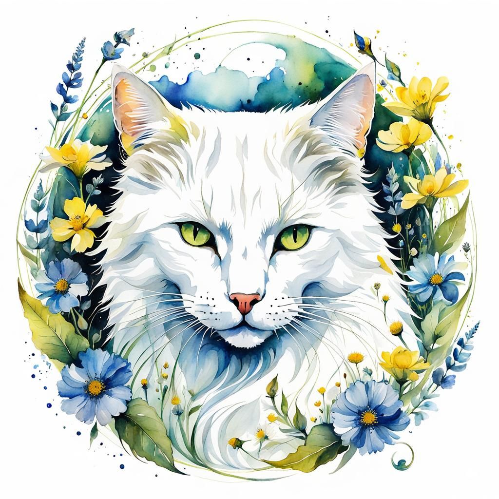 Whimsical White Cat Surrounded by Wildflowers
