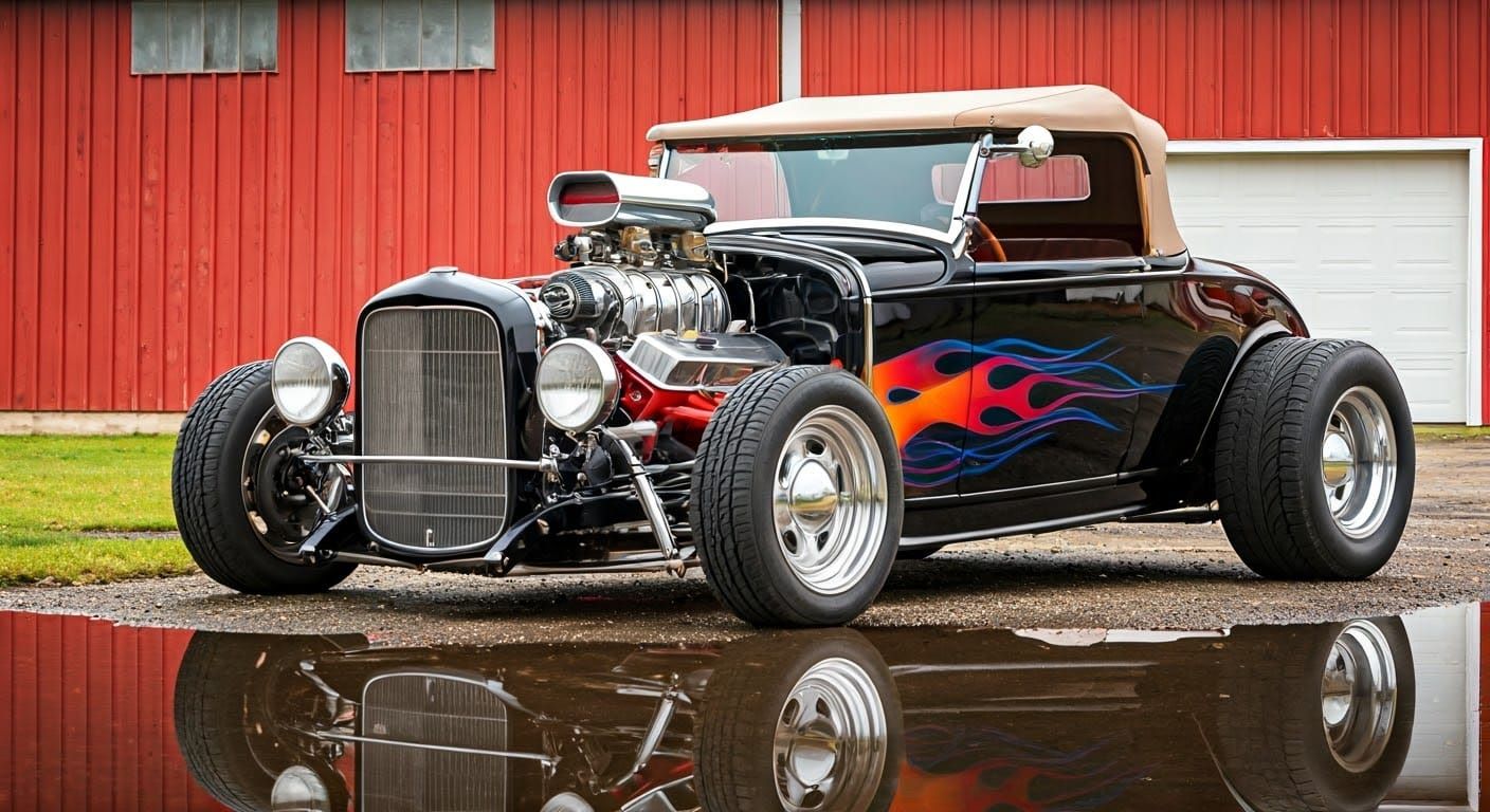 a realistic very 2/3 front angled photo of a black 1929 Ford T-bucket convertible street rod, top down, with blue, red, ...