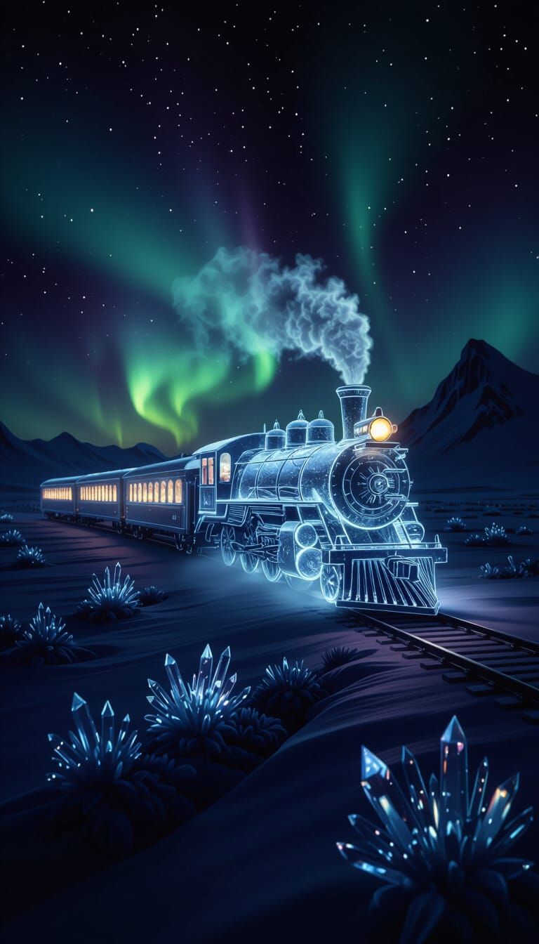 Crystal Ice Train on Frozen Tundra Under Aurora Sky