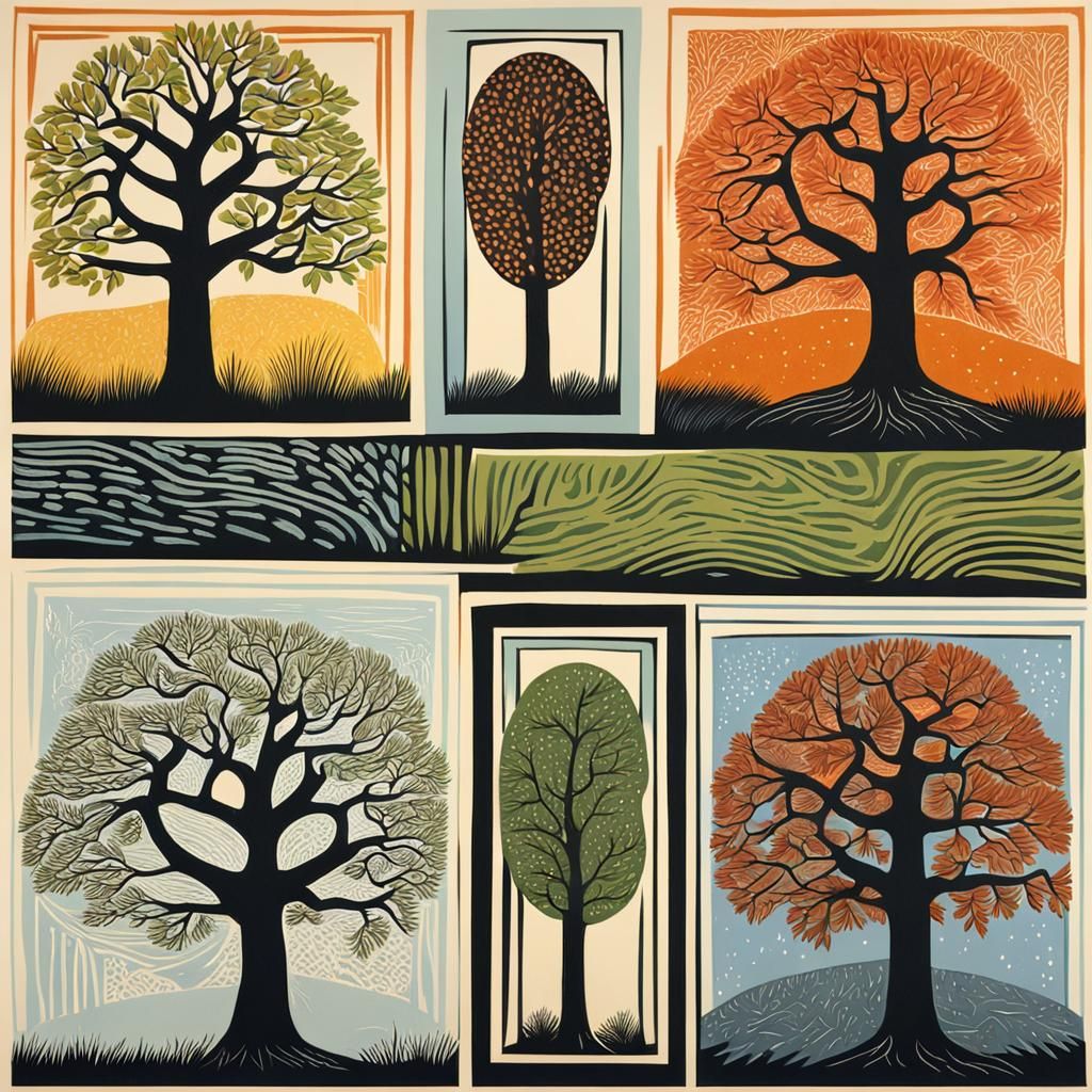 Tree Through the Seasons: Linocut Art
