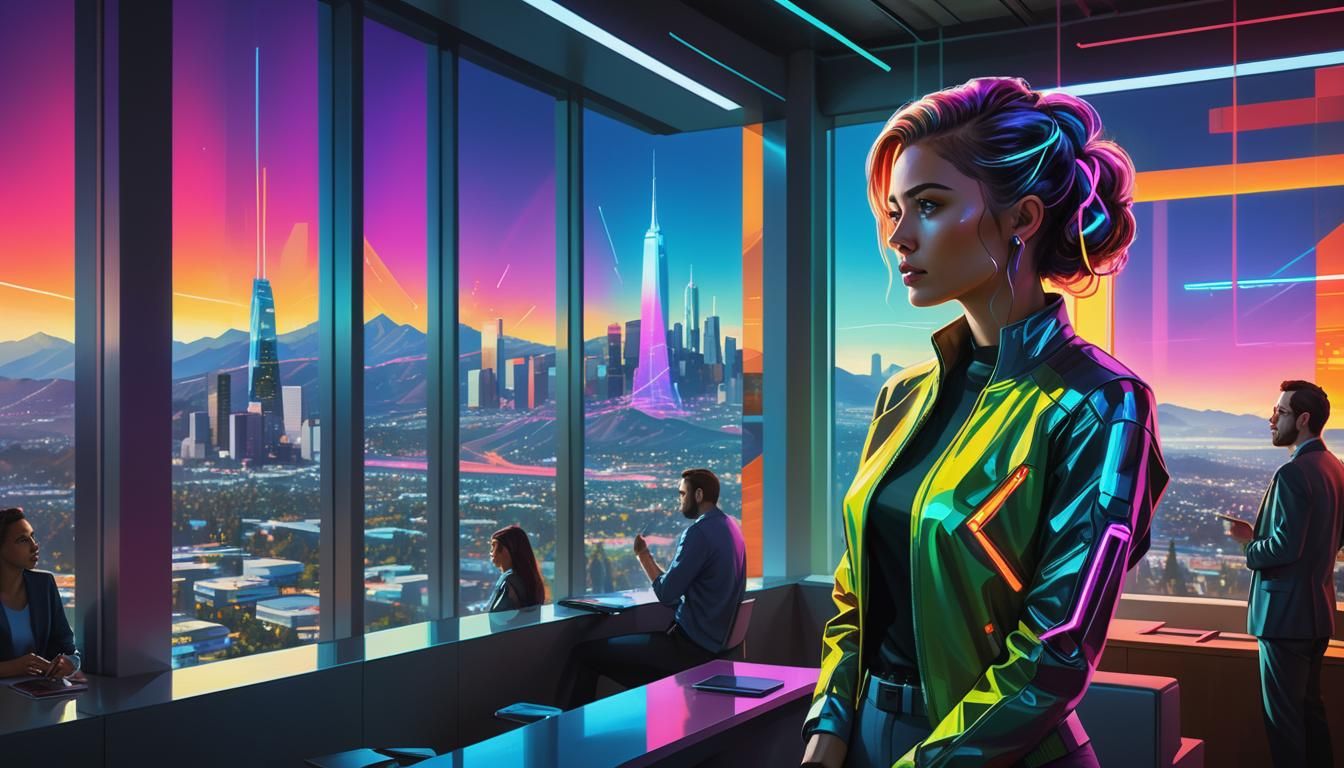 Futuristic Woman in Silicon Valley: Vibrant Oil Painting