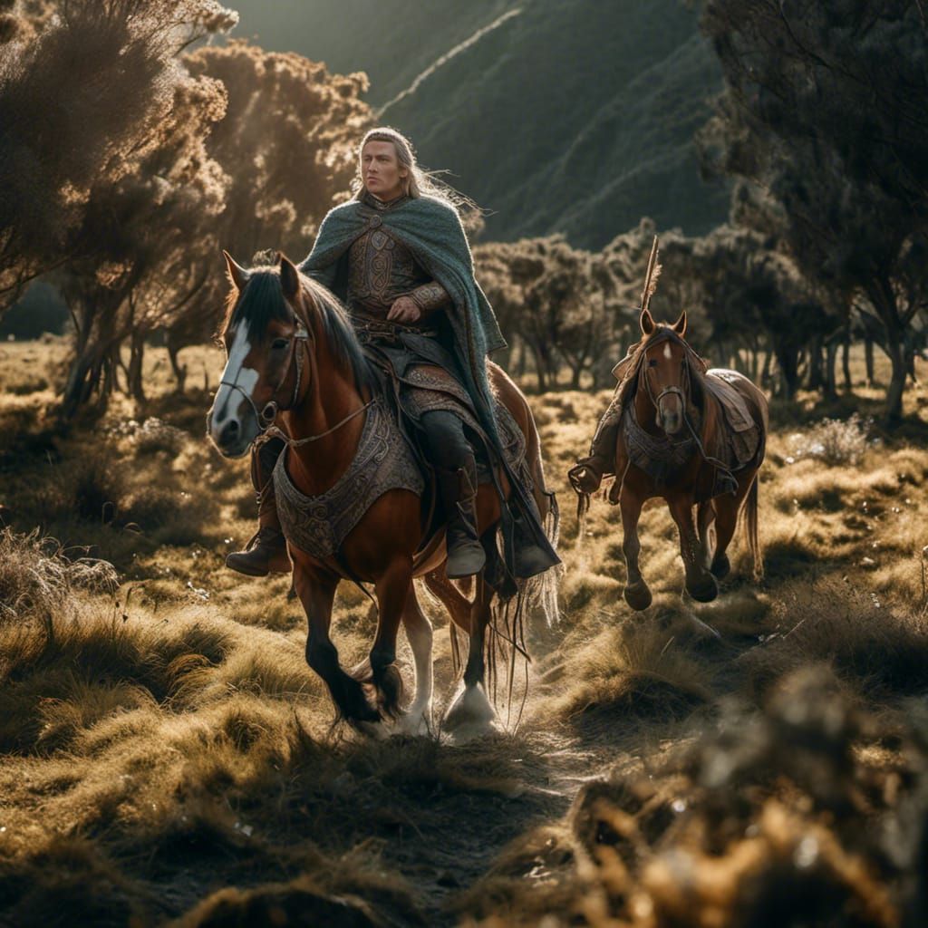 <lora:Fantasy:1.0> male elf riding a horse, Tolkien style, shot with Canon EOS R5 with RF, 24mm, New Zealand landscape
