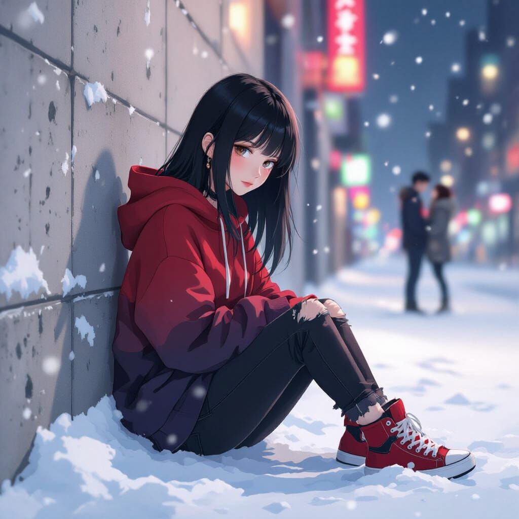 Anime Girl in Snowy Street Scene, Cinematic Detail