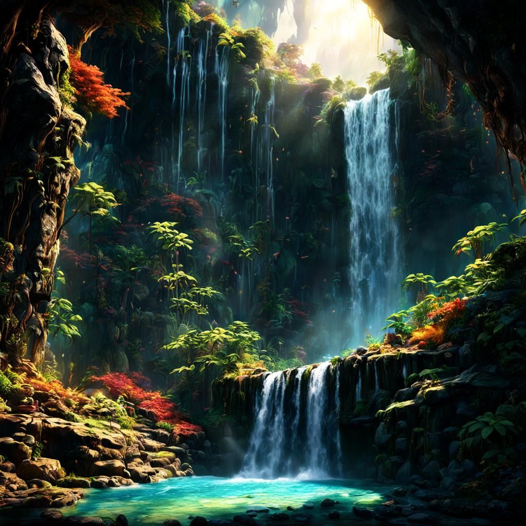 Sunlit Waterfall in Cave: Fantasy Concept Art