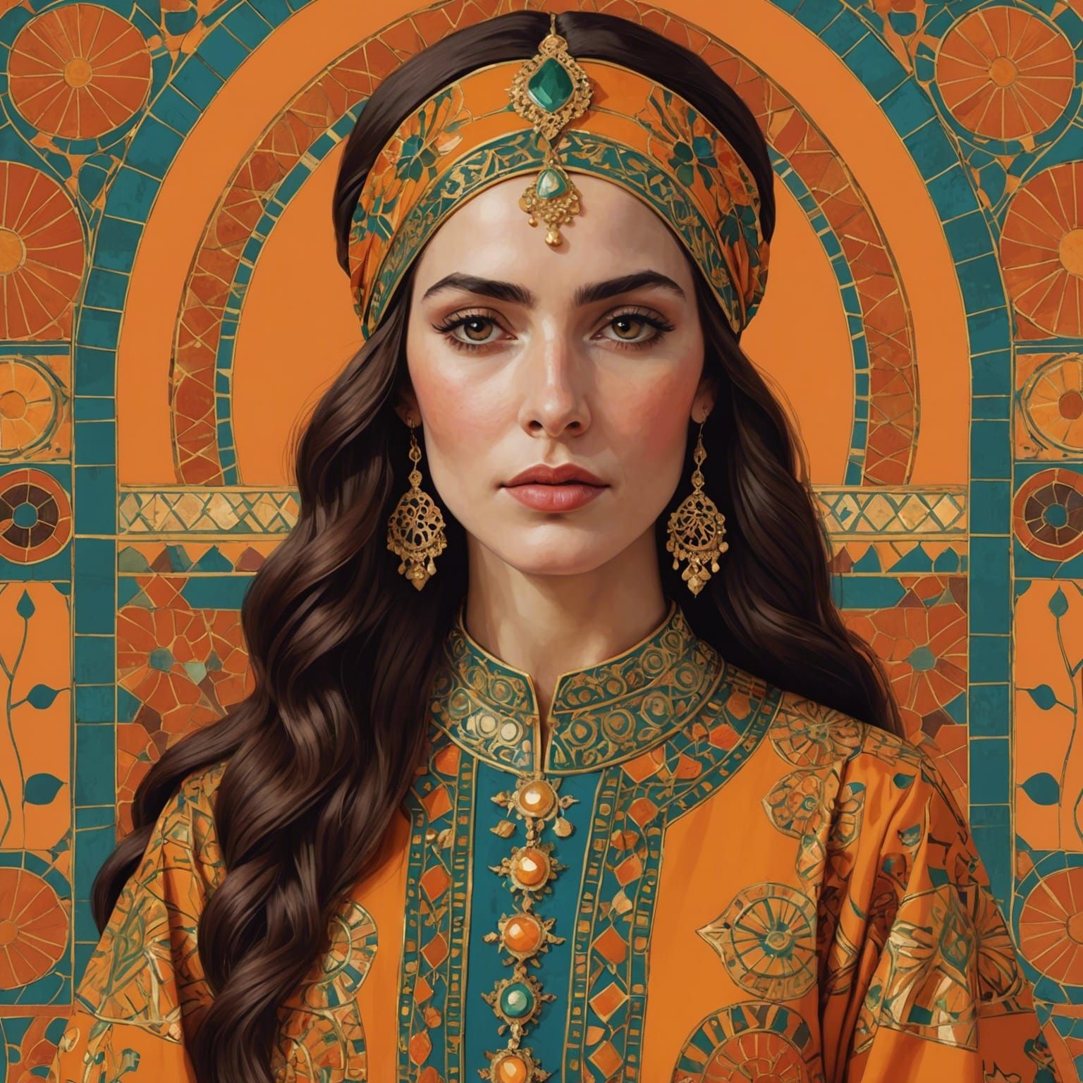 Woman in Caftan Reading: Klimt-Inspired Autumn Scene