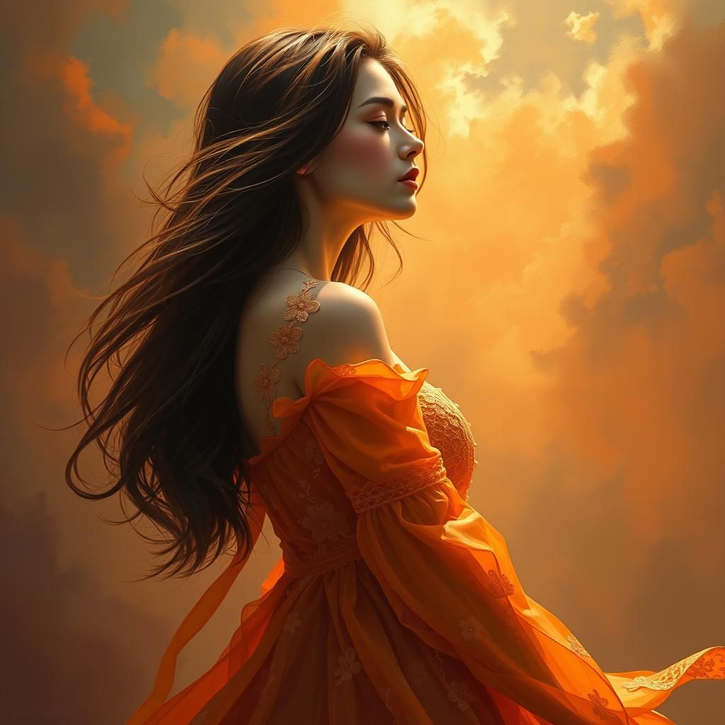 Brunette in Orange Dress, Ethereal Dark Fantasy Art