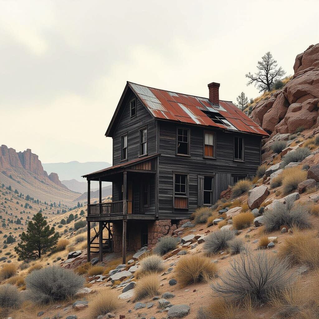 Decaying Building on Rocky Hillside, Digital Art