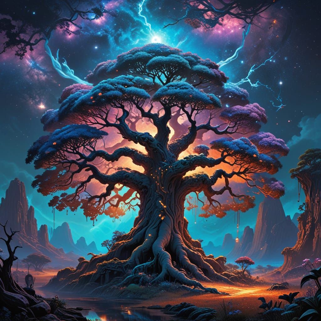 Cosmic Tree of Life with Bioluminescent Flora