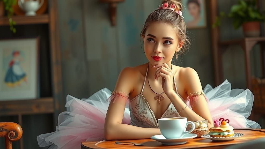 Ballerina Sipping Cappuccino as Impressionist Digital Art