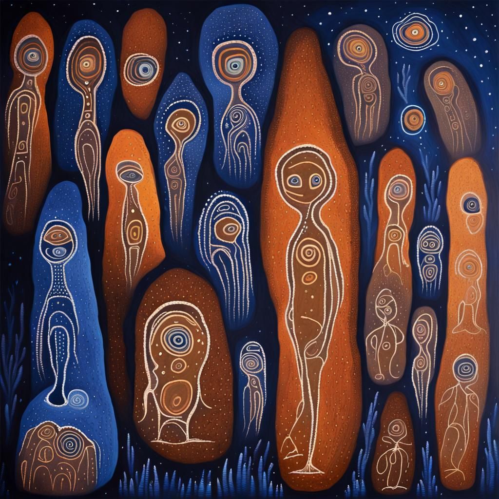 Wandjina Spirits in Aboriginal Rock Art Style