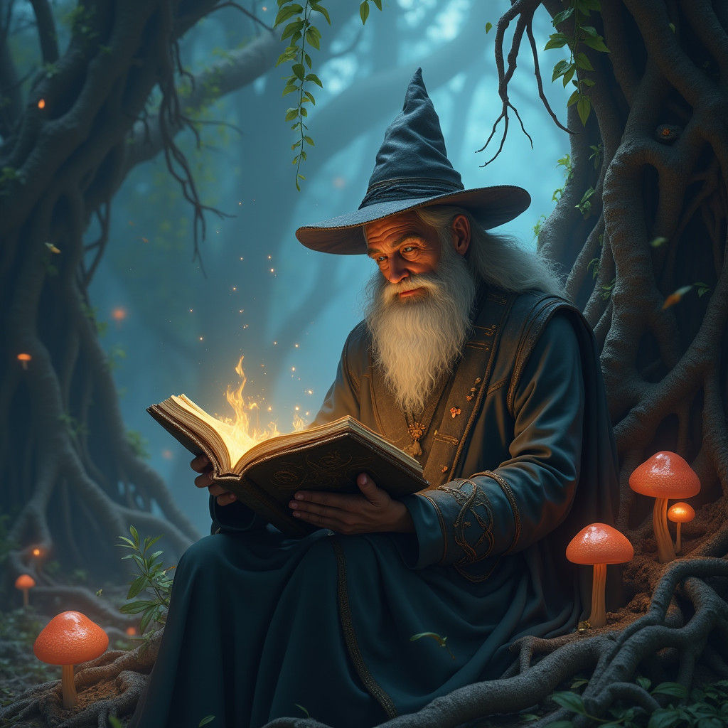 Mystical Sage Reading Ancient Tome in Fantasy Realm