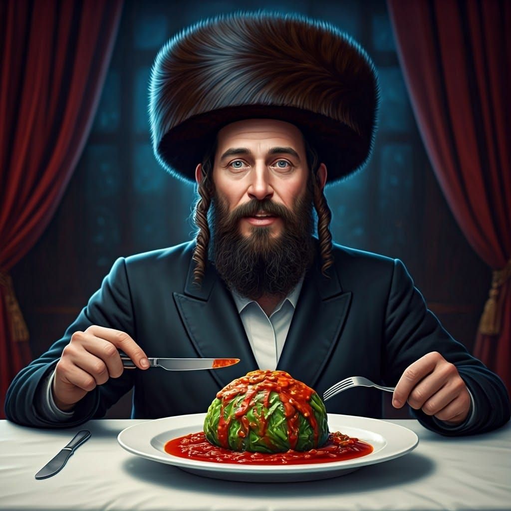 Enthusiastic Hasidic Jew with Stuffed Cabbage, Digital Art