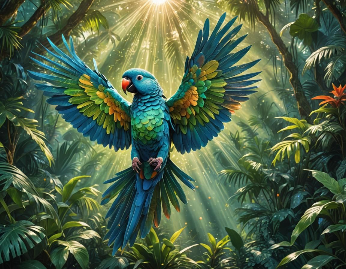 Iridescent Parrot in Jungle, Holographic Illustration