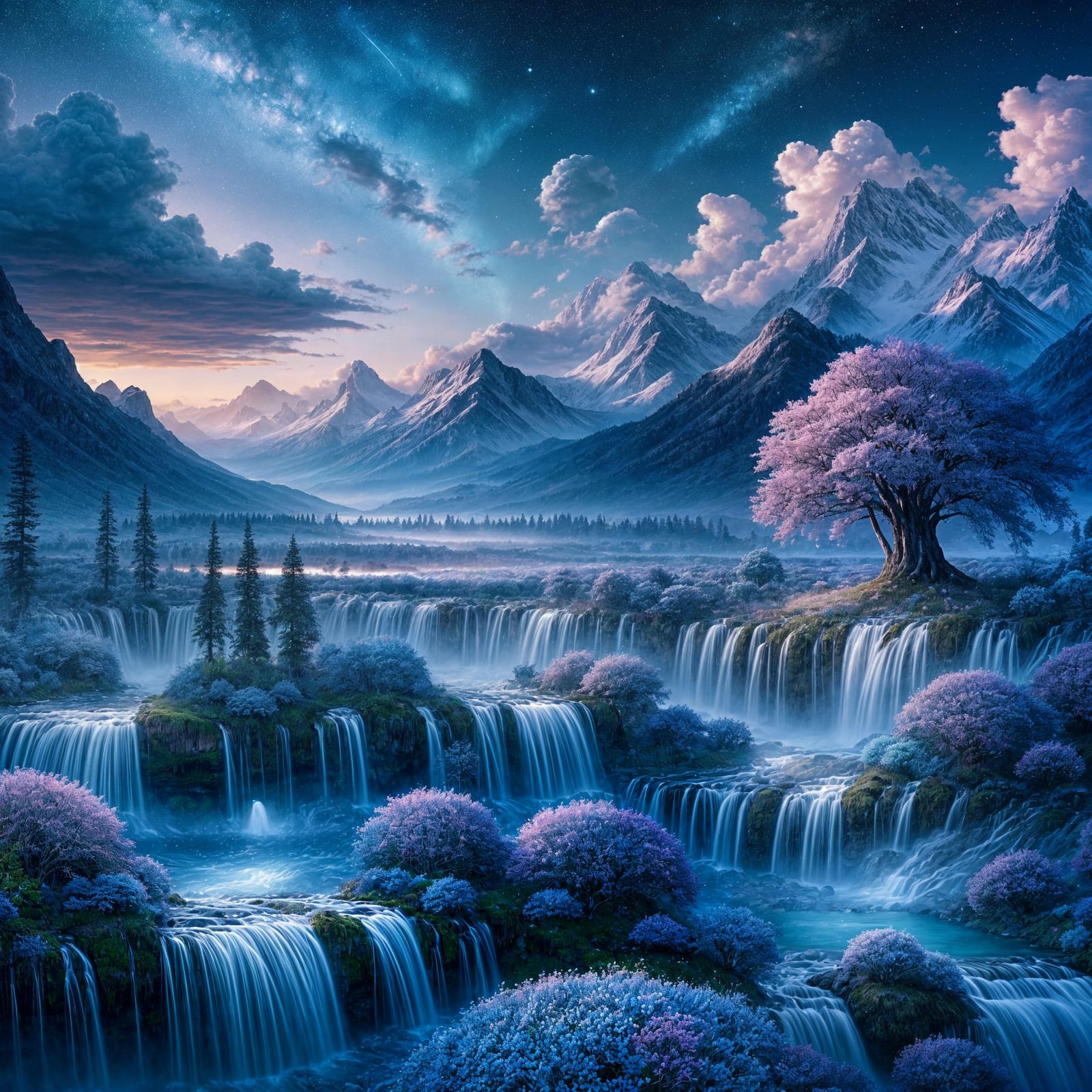 Ethereal Evening Landscape with Cascading Waterfalls