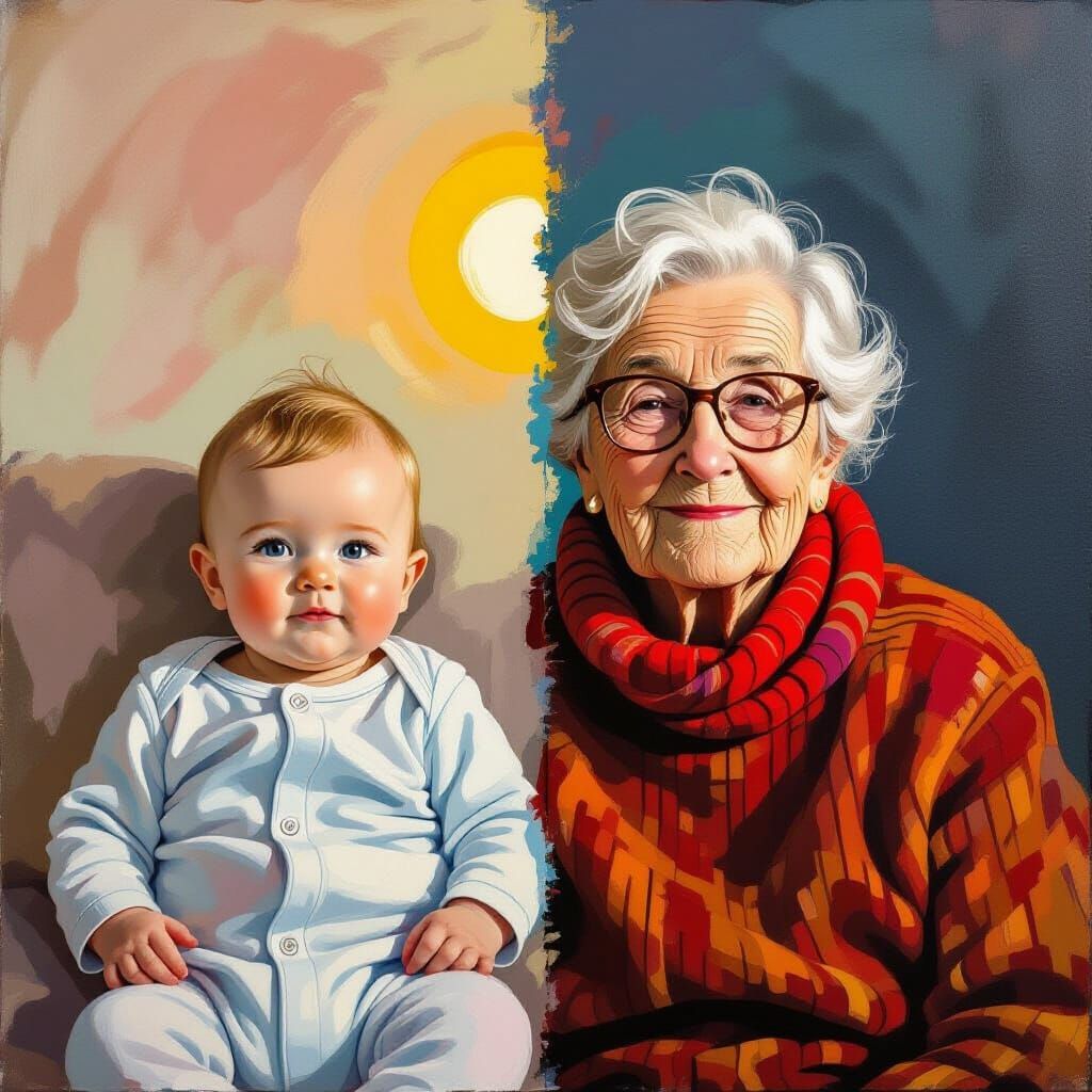 Baby and Elderly Person Split Image with Vibrant Colors