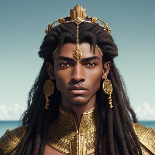 Ethereal African Prince with Green Eyes in Gouache Style