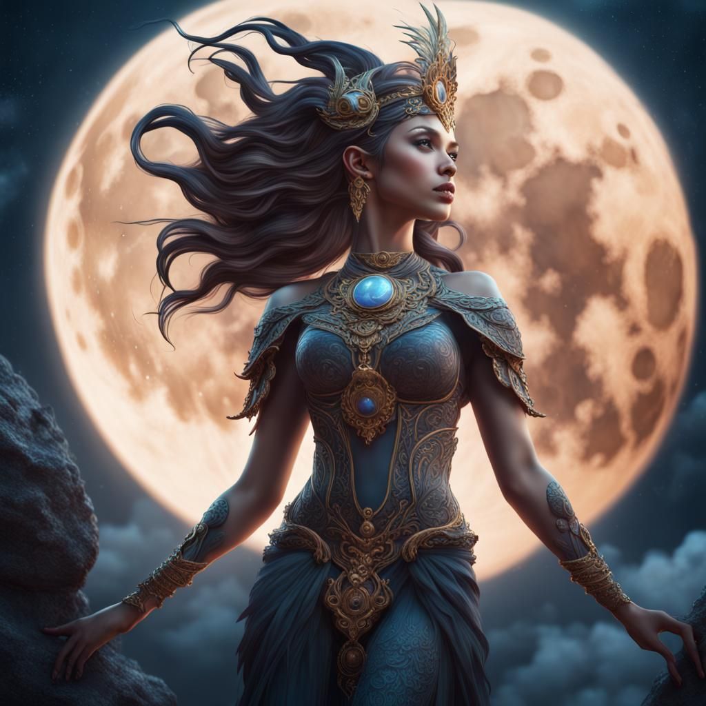 Moon Goddess Portrait in Moonlit Sky