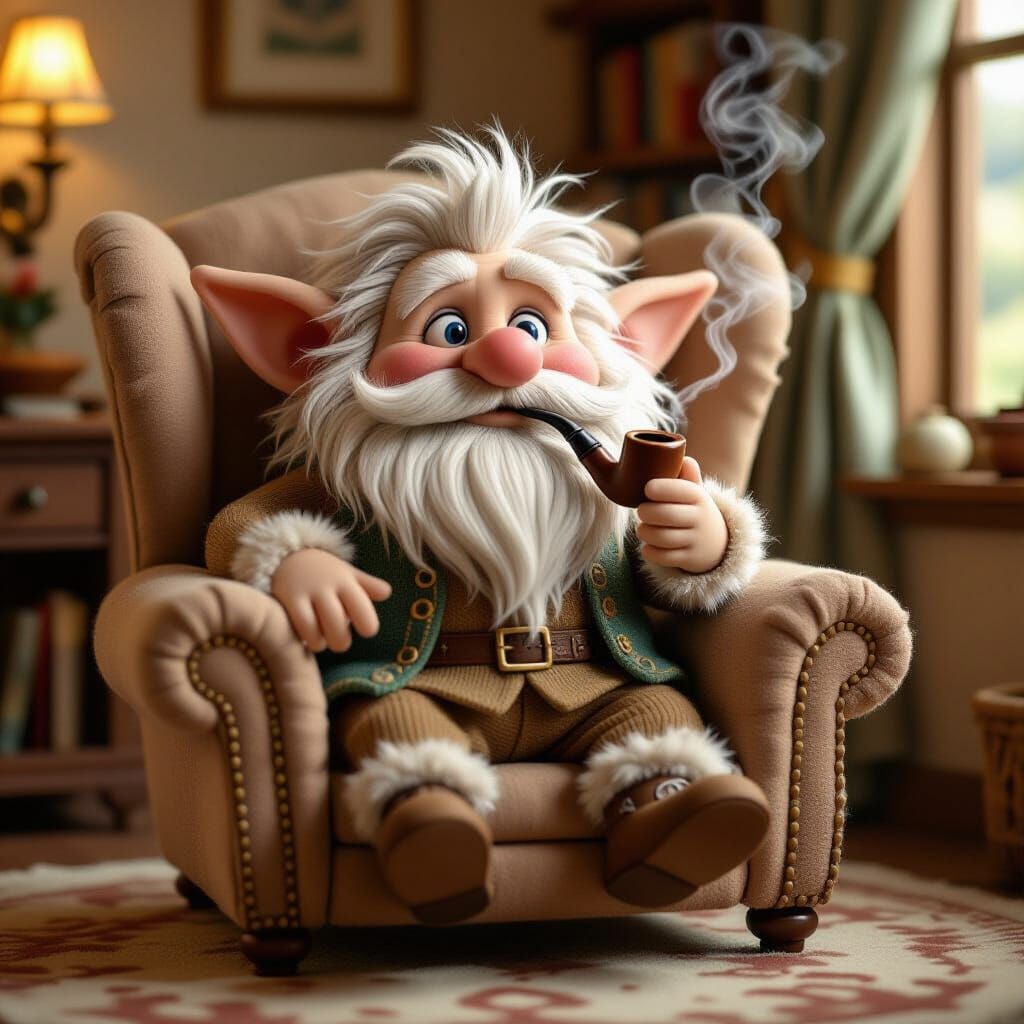 Fuzzy Hobbit Smoking a Pipe in 3D Style