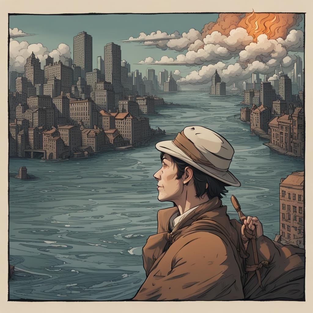 Surreal Burning Sky Landscape with Dreamlike Elements