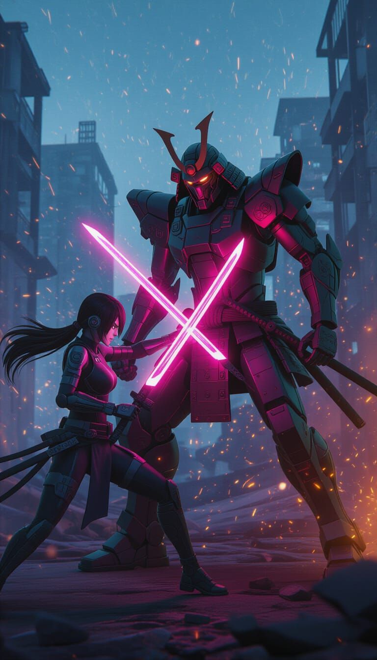 Cyberpunk Ninja Warrior Battles Samurai Android in Neon City