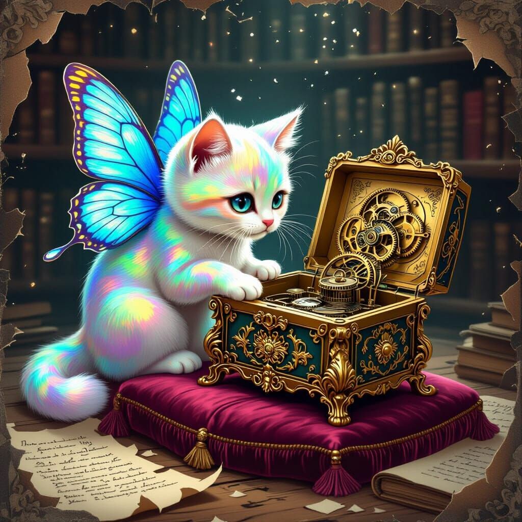 Iridescent Kawaii Cat Inspects Antique Music Box