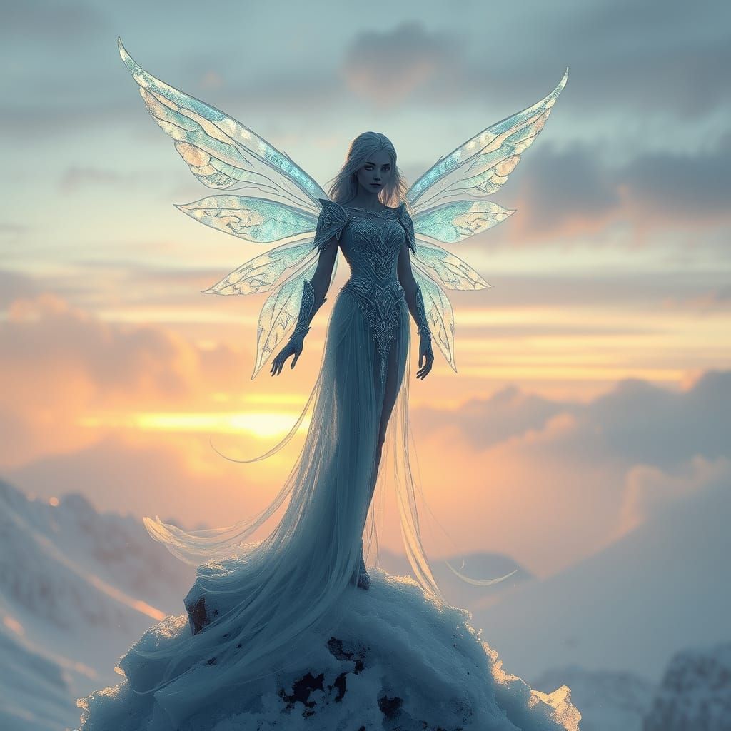 Regal Fairy in Crystal Ice Armor Amidst Arctic Landscape