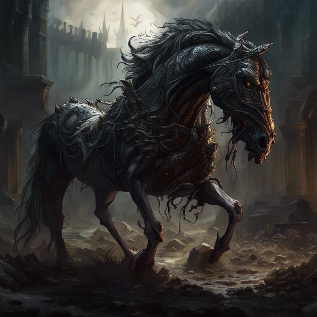Undead Horse with Akimbo Teeth: Dark Fantasy Art