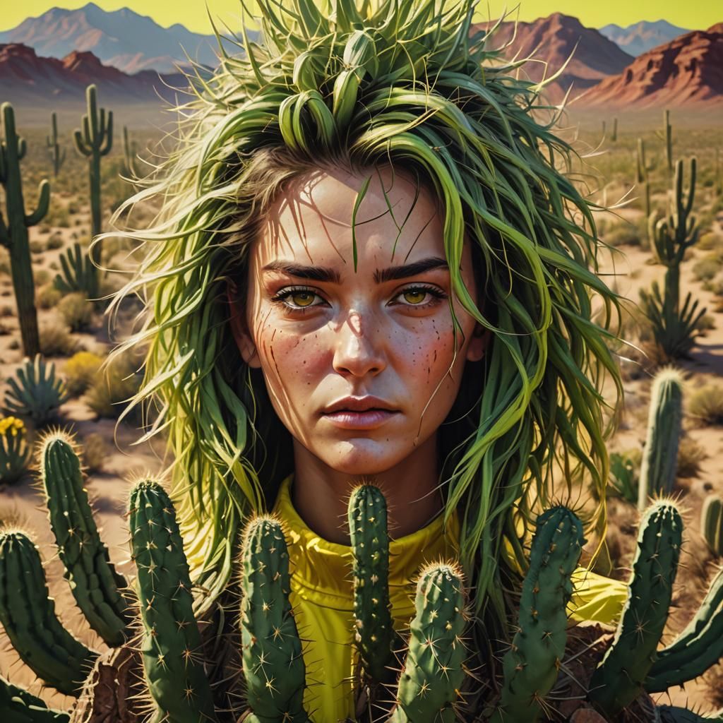 Cactus Woman in Desert Landscape: Hyperrealistic Art