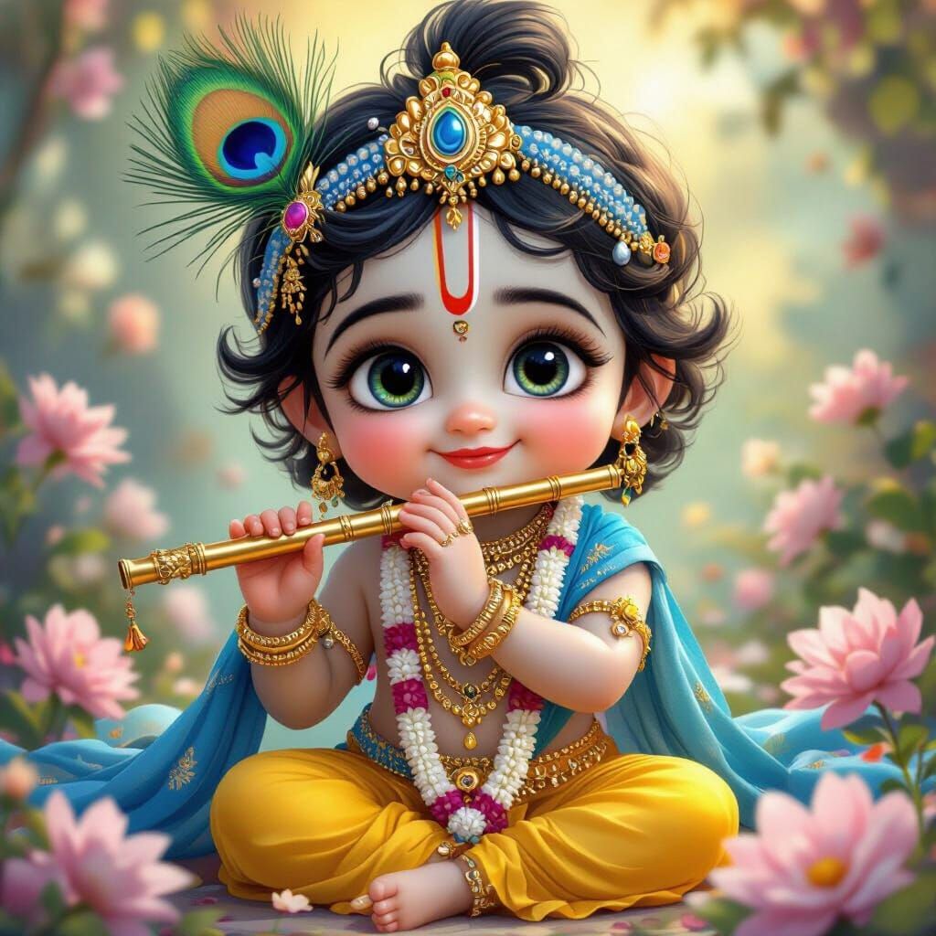 Adorable Baby Krishna in Vibrant 3D Style