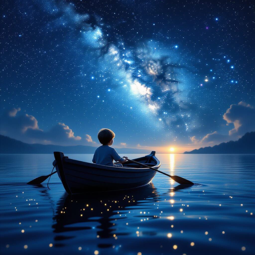 Boy Paddles Starry Boat Under Cosmic Sky