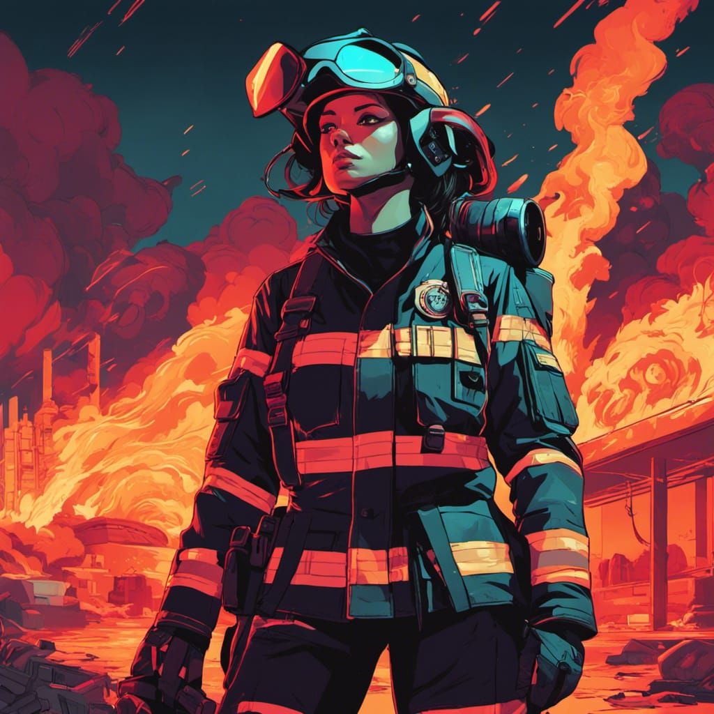 Cyberpunk Firefighter in Burning Neon Dystopia
