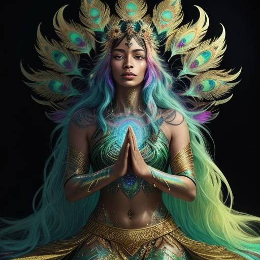 Astral Portrait of Woman with Gold Skin and Peacock Feathers