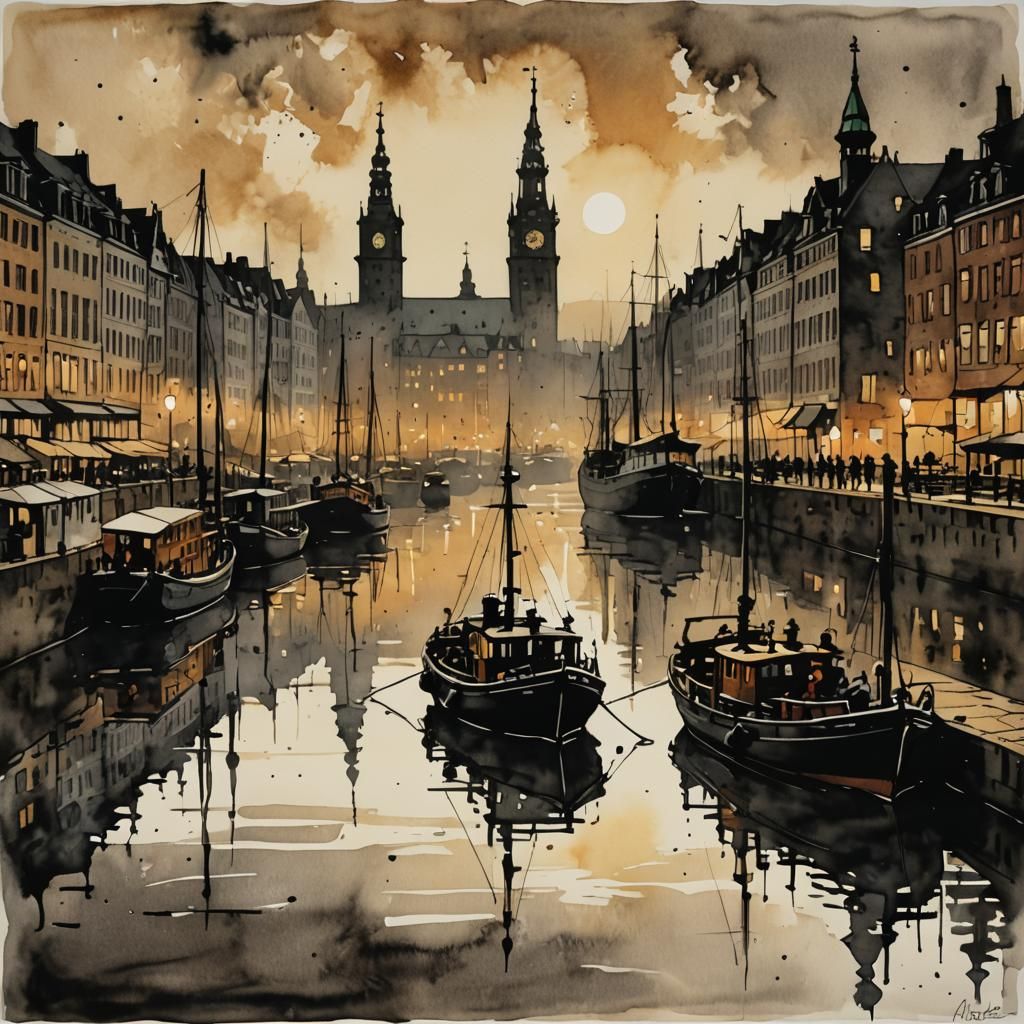 Hamburg Harbour in Pen and Ink Style