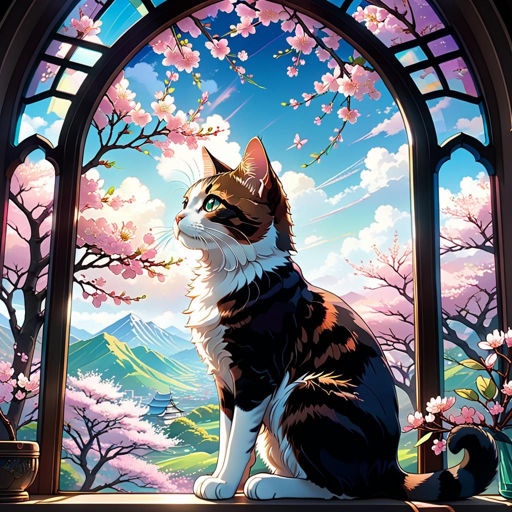 Cat sits by the beautiful window