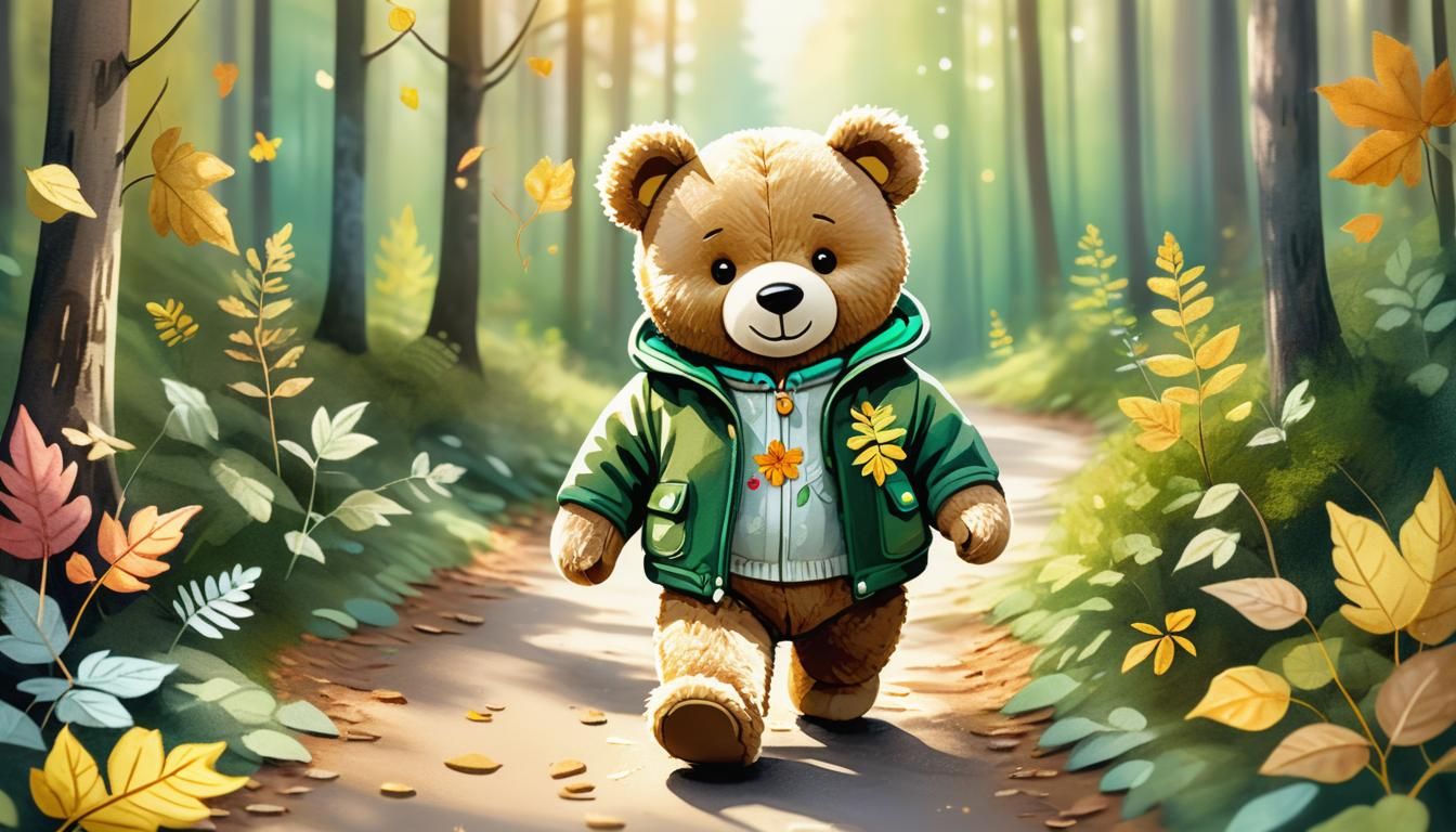 Teddy Bear Walks Forest Path in Impressionistic Watercolor