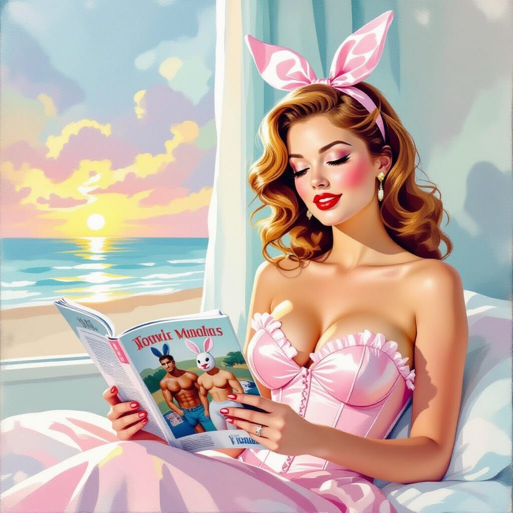 Pin-Up Woman Reads Magazine in Pastel Motel Room