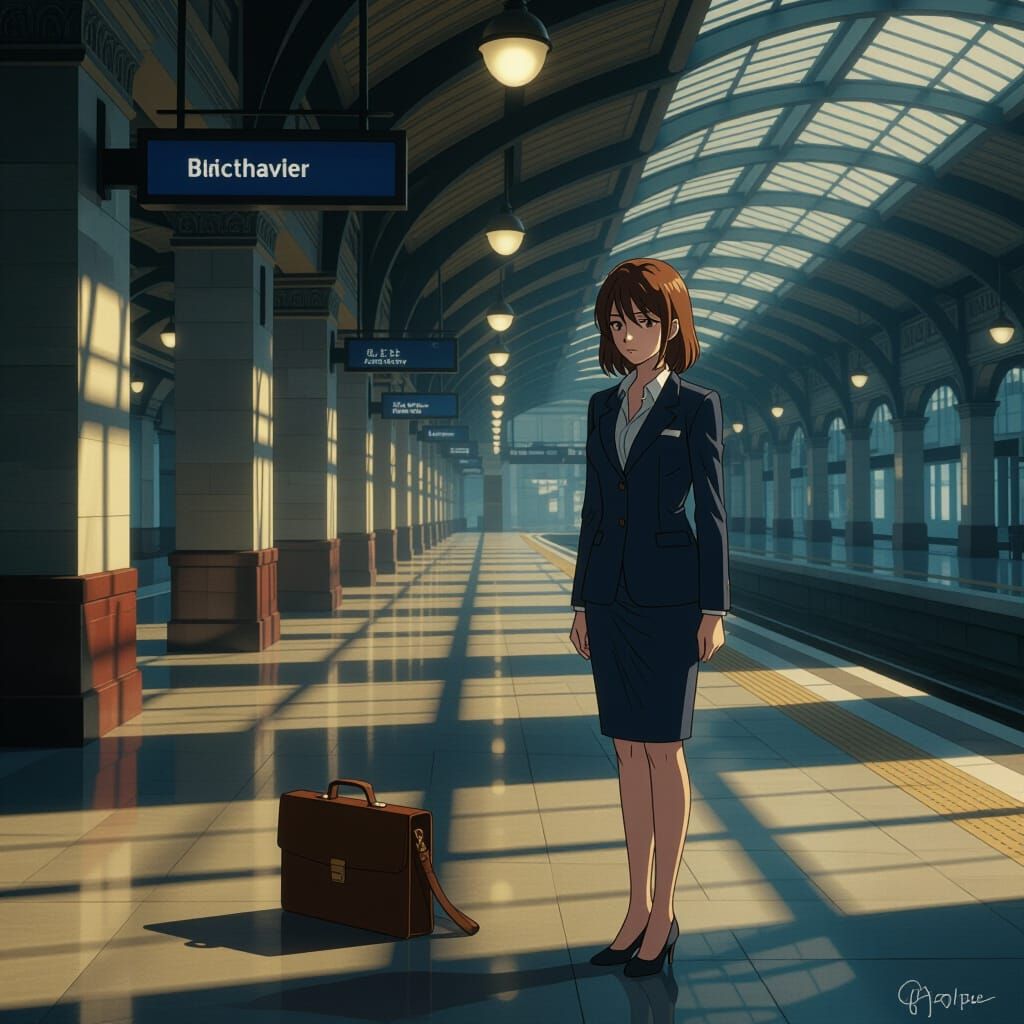 Tired Business Woman in Art Deco Train Station