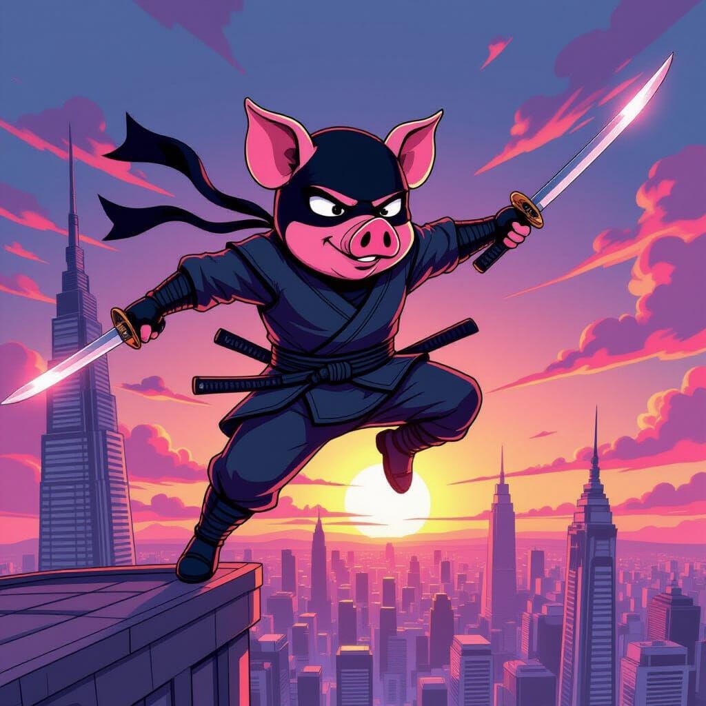 Cartoon Pig Ninja Leaping from Skyscraper