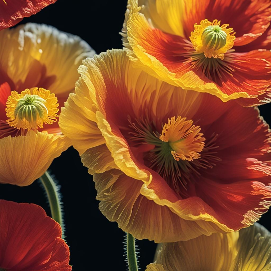 Red and Yellow Iceland Poppies Macro Photograph