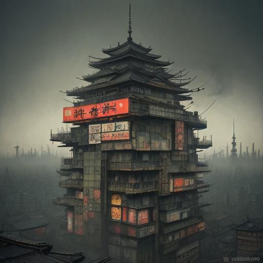 Dystopian Dome City in Ukiyo-e Style