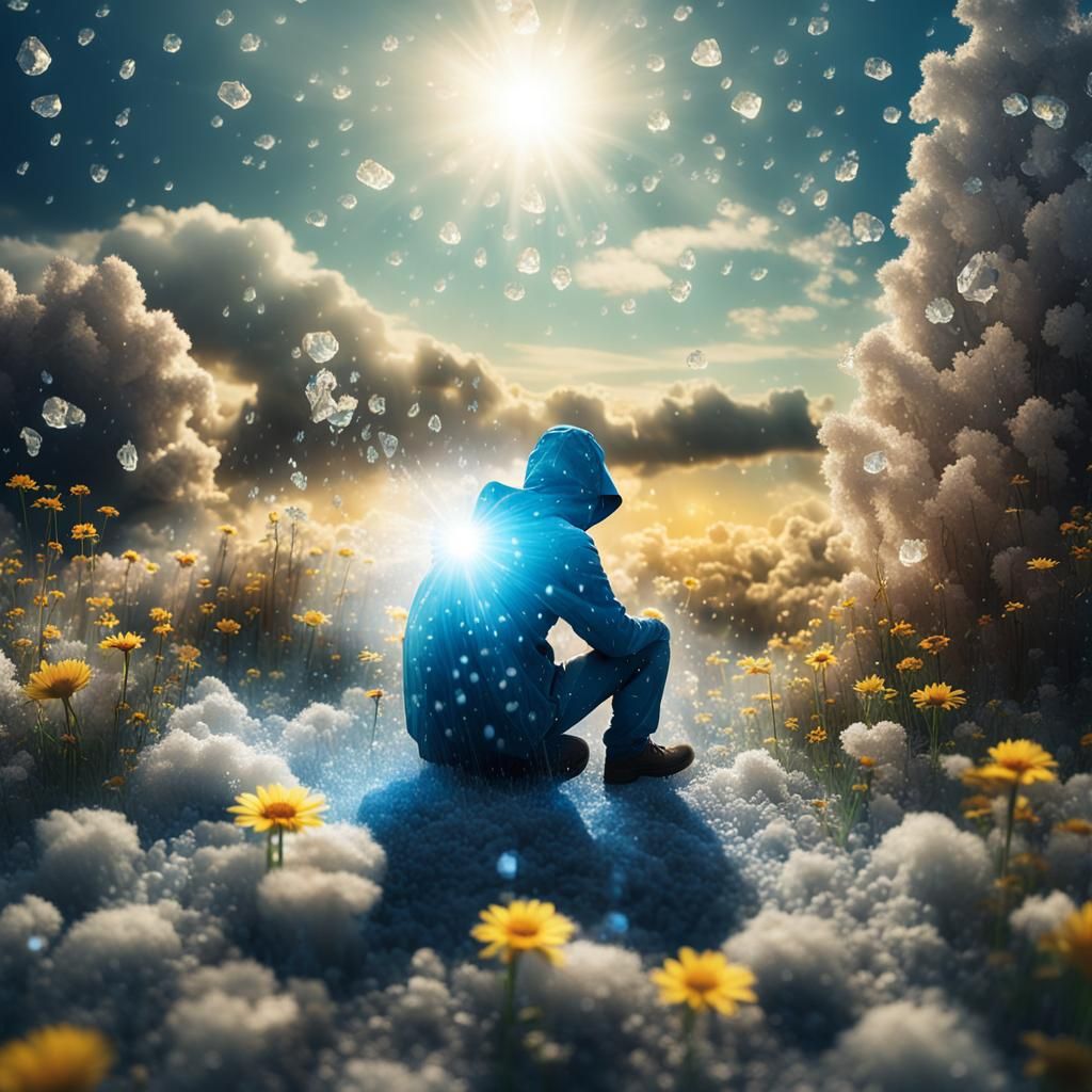 Luminescent Crystals Surround Stick Figure in Rainy Field