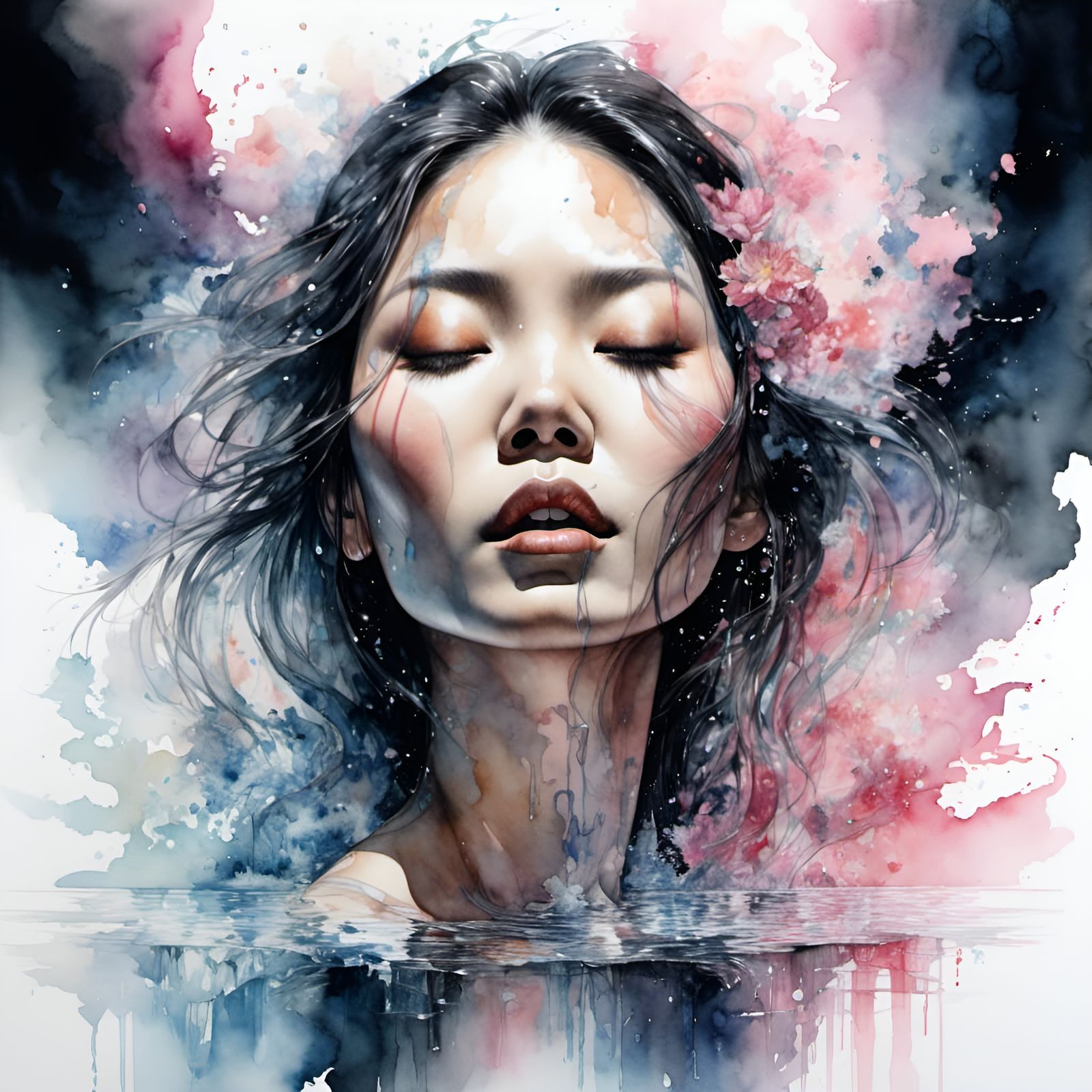 Double Exposure Portrait: Asian Woman Emerging from Water