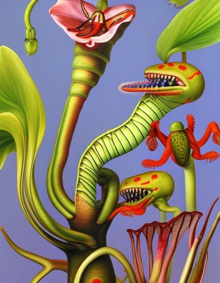 Botanical Illustration of Fantastic Creatures and Venus Fly ...